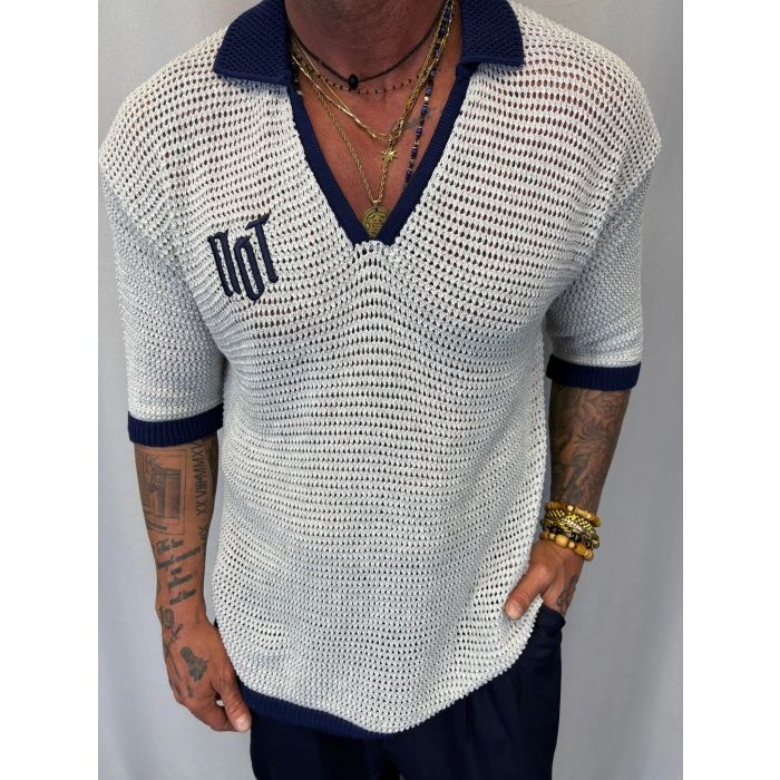 Triko Akrilik 99 V Yaka T-Shirt Beyaz - Mavi Yaka