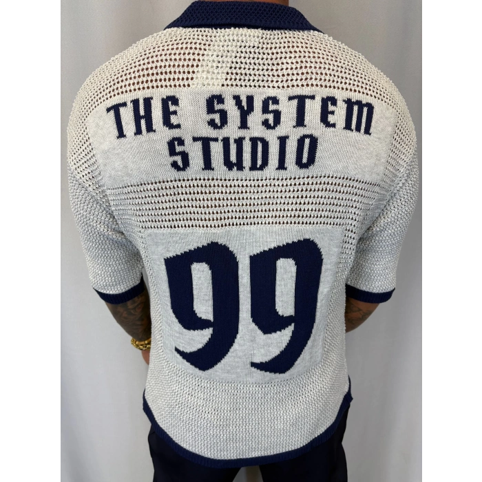 Triko Akrilik 99 V Yaka T-Shirt Beyaz - Mavi Yaka