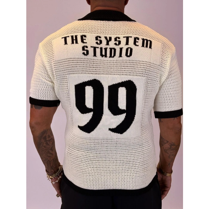 Triko Akrilik 99 V Yaka T-Shirt Beyaz - Siyah Yaka