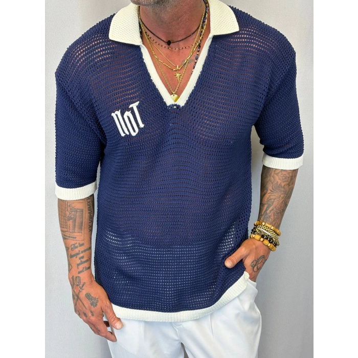 Triko Akrilik 99 V Yaka T-Shirt Mavi