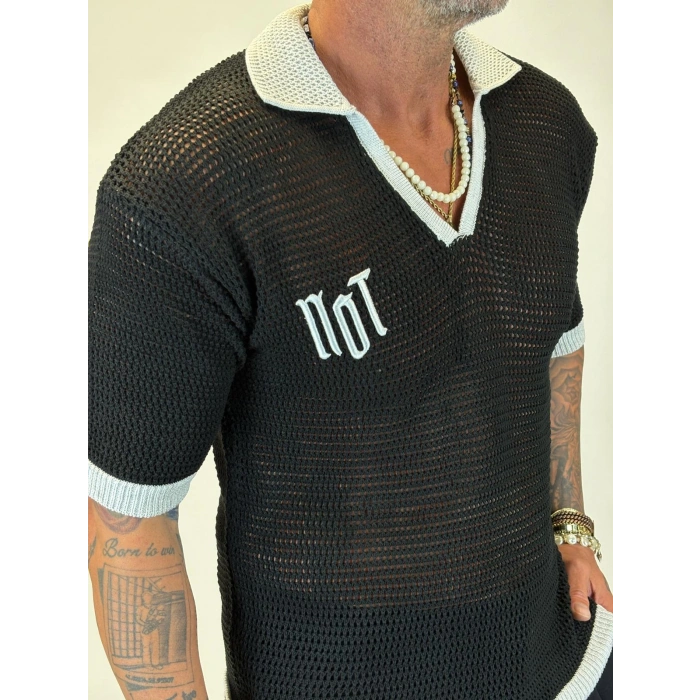 Triko Akrilik 99 V Yaka T-Shirt Siyah