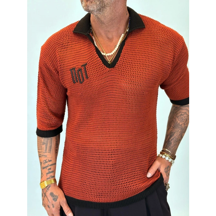 Triko Akrilik 99 V Yaka T-Shirt Turuncu