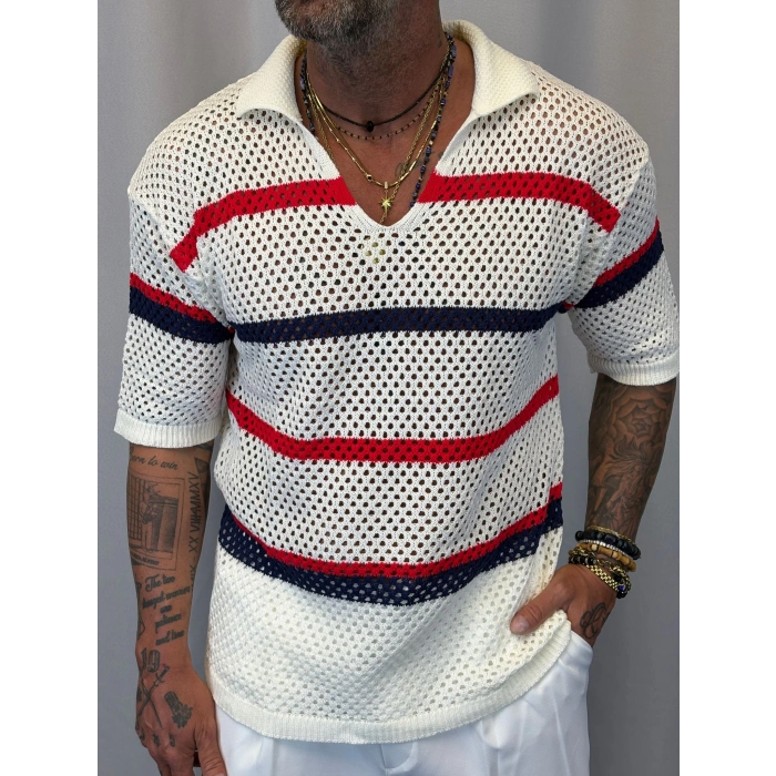 Triko Akrilik Çizgili T-Shirt Beyaz