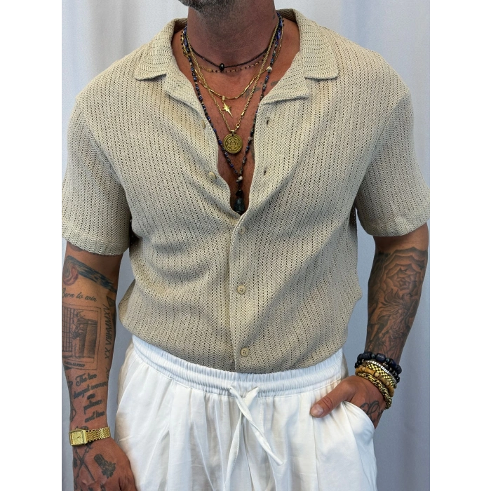 Triko Akrilik Crop Gömlek Bej