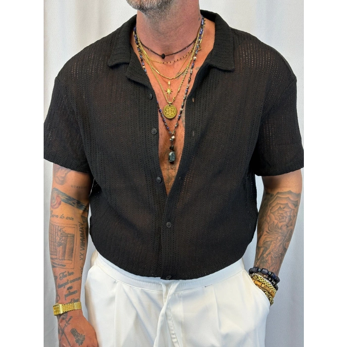 Triko Akrilik Crop Gömlek Siyah