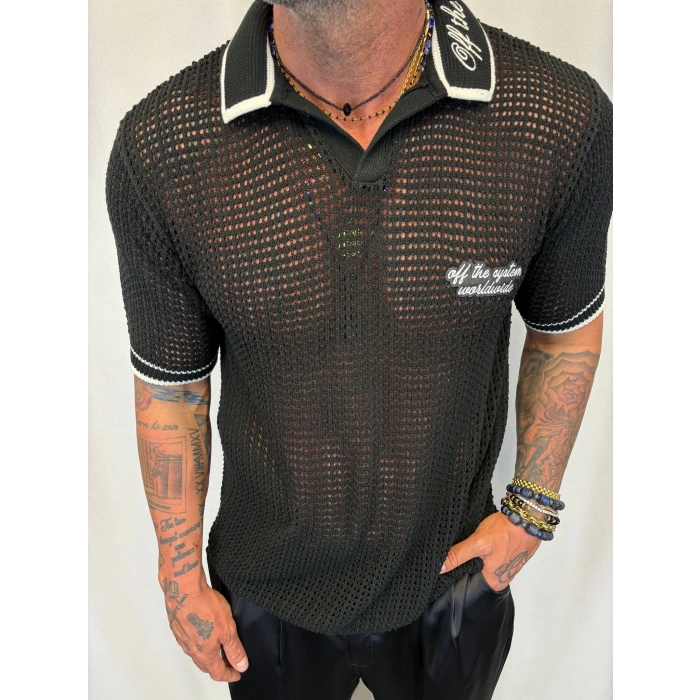 Triko Akrilik Yakası Nakış Detaylı Siyah