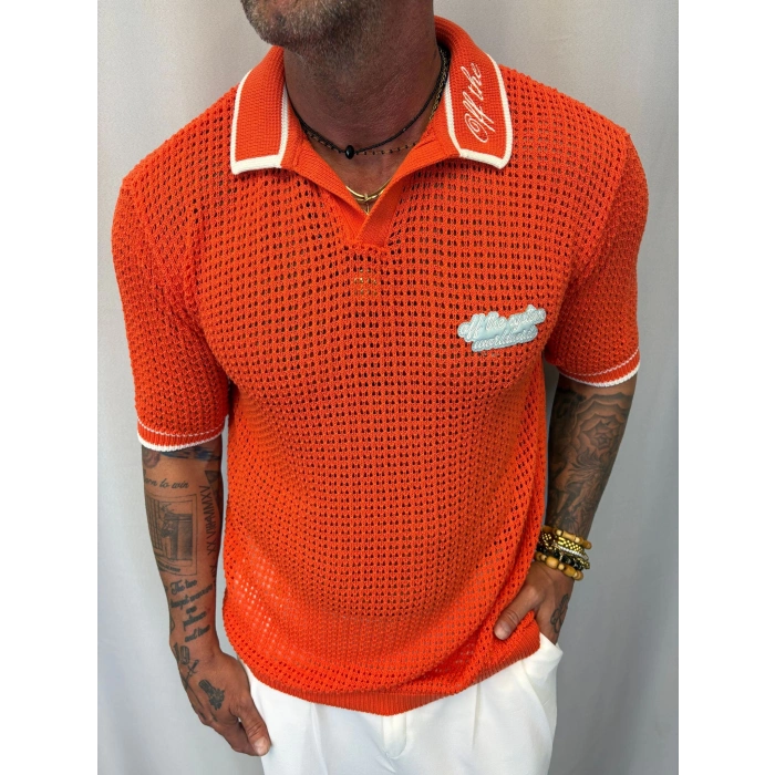 Triko Akrilik Yakası Nakış Detaylı Turuncu