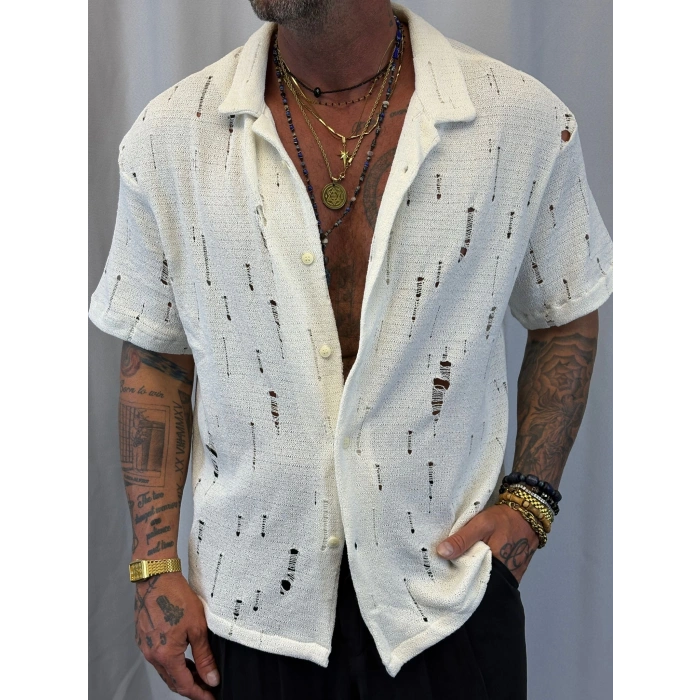 Triko Akrilik Yıpratma Gömlek Beyaz