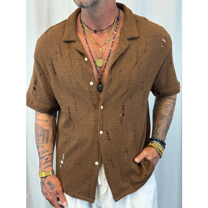 Triko Akrilik Yıpratma Gömlek Kahve