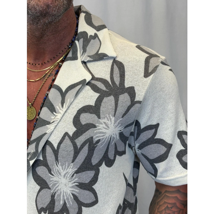 Triko Likralı Çiçek Desenli Gömlek Gri