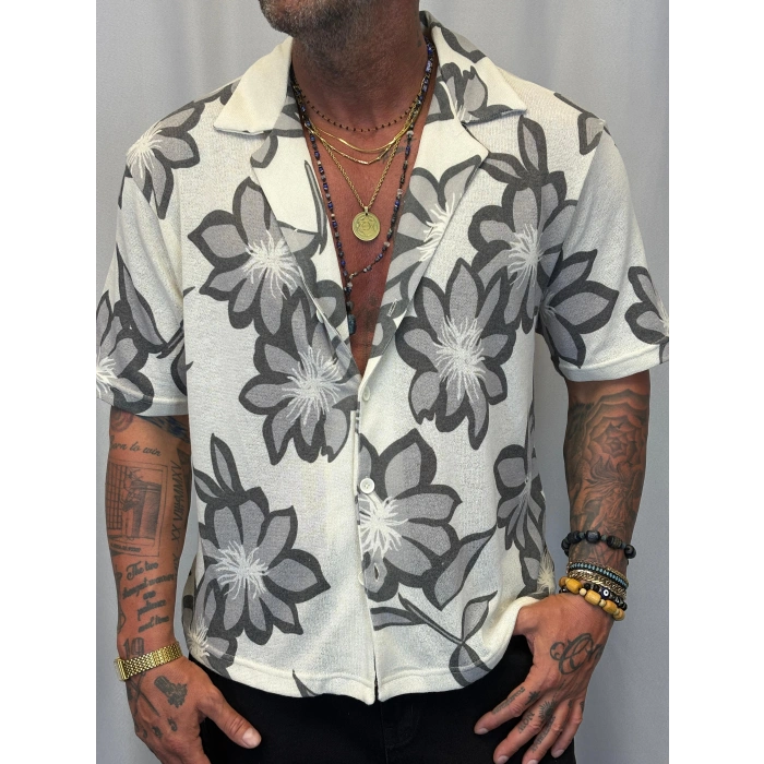 Triko Likralı Çiçek Desenli Gömlek Gri