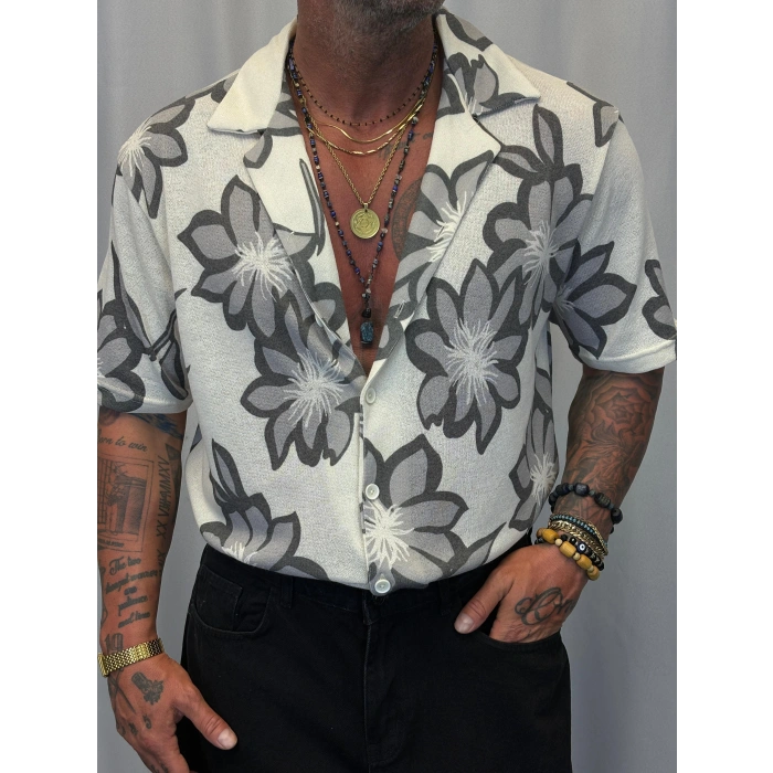 Triko Likralı Çiçek Desenli Gömlek Gri