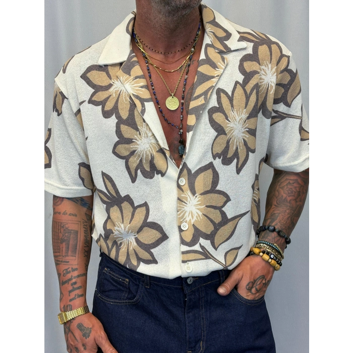 Triko Likralı Çiçek Desenli Gömlek Kahverengi