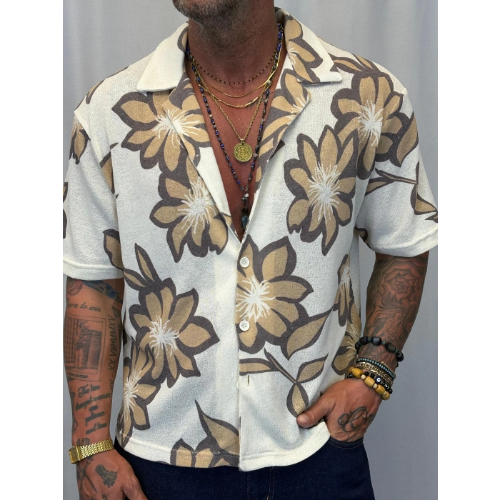 Triko Likralı Çiçek Desenli Gömlek Kahverengi