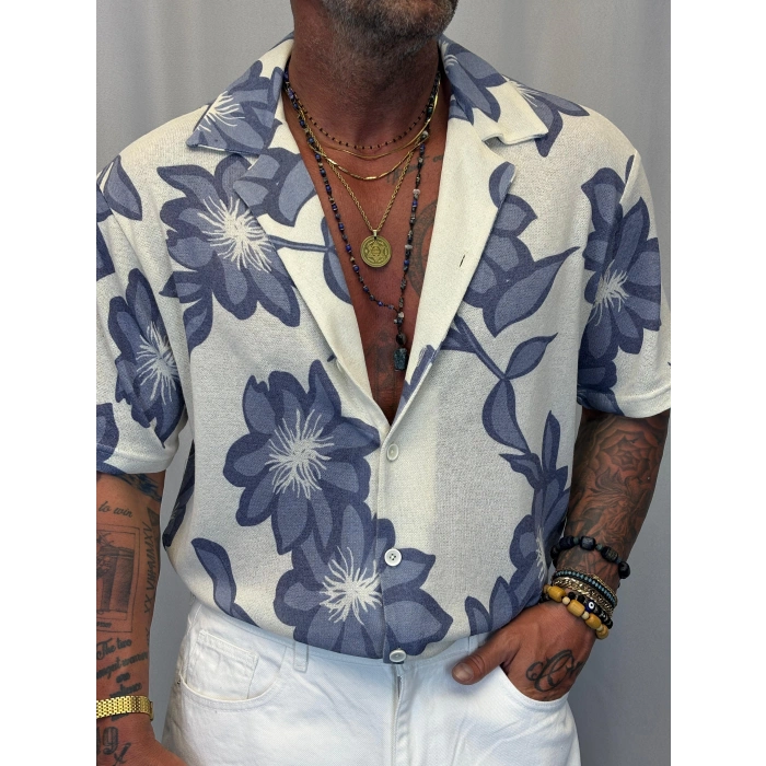 Triko Likralı Çiçek Desenli Gömlek Mavi