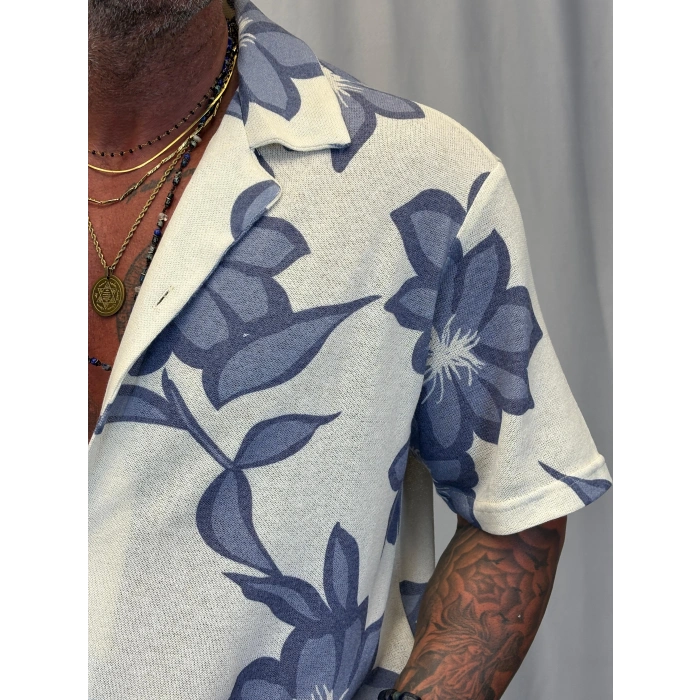 Triko Likralı Çiçek Desenli Gömlek Mavi