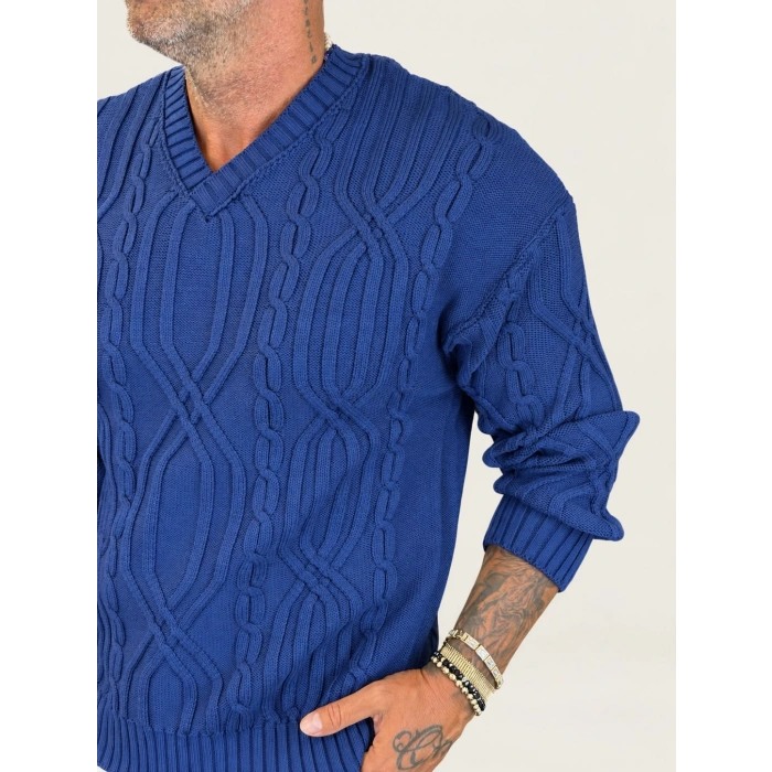 V-Line Cable Knit Kazak Mavi