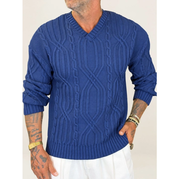 V-Line Cable Knit Kazak Mavi