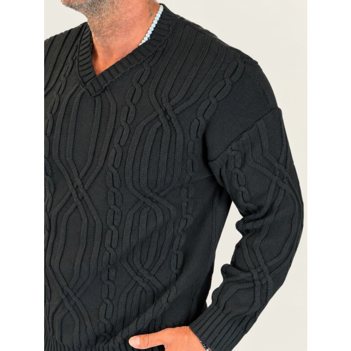 V-Line Cable Knit Kazak Siyah