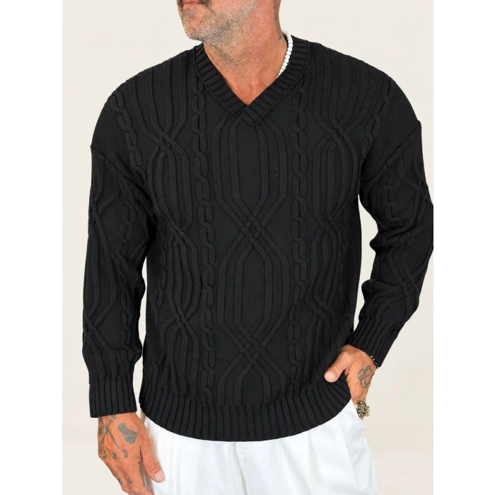 V-Line Cable Knit Kazak Siyah