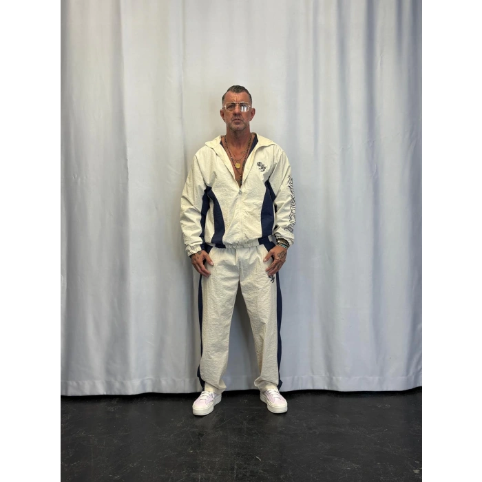 Vintage Crinkle Kapşonlu Takım Beyaz