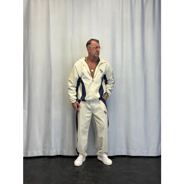 Vintage Crinkle Kapşonlu Takım Beyaz