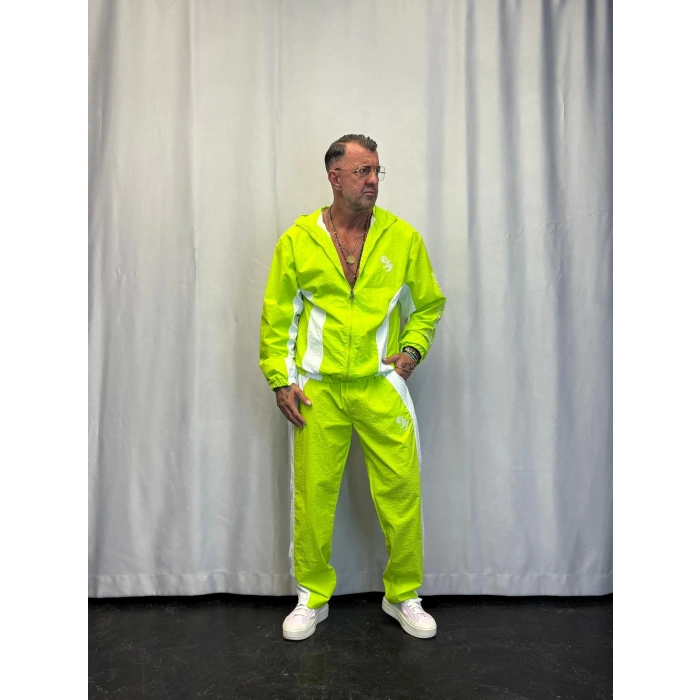 Vintage Crinkle Kapşonlu Takım Fıstık Yeşili