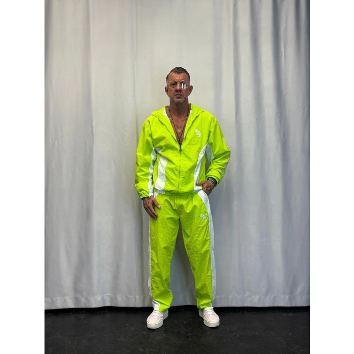 Vintage Crinkle Kapşonlu Takım Fıstık Yeşili