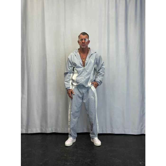 Vintage Crinkle Kapşonlu Takım Gri