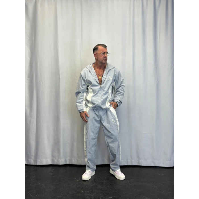 Vintage Crinkle Kapşonlu Takım Gri