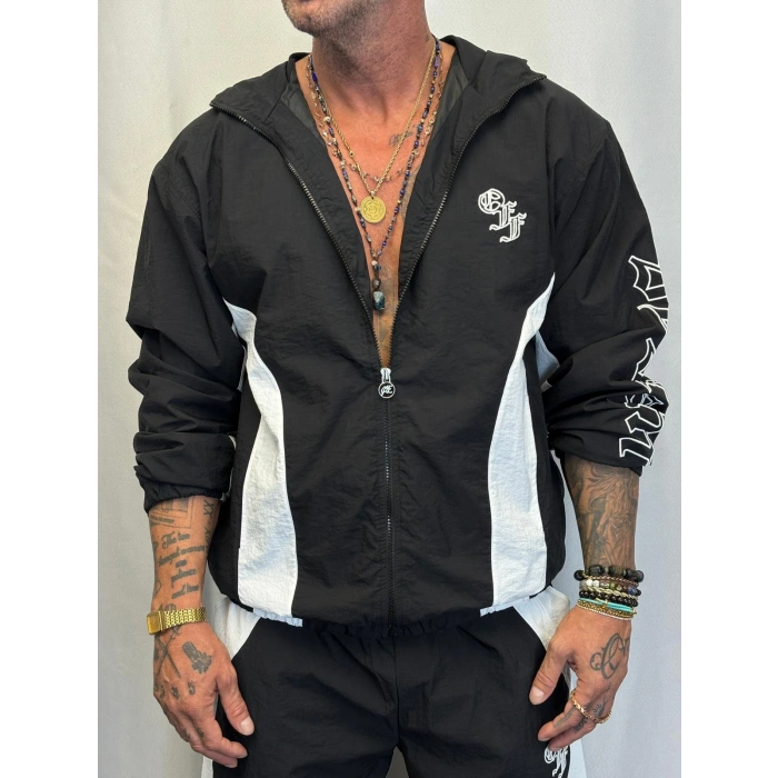 Vintage Crinkle Kapşonlu Takım Siyah