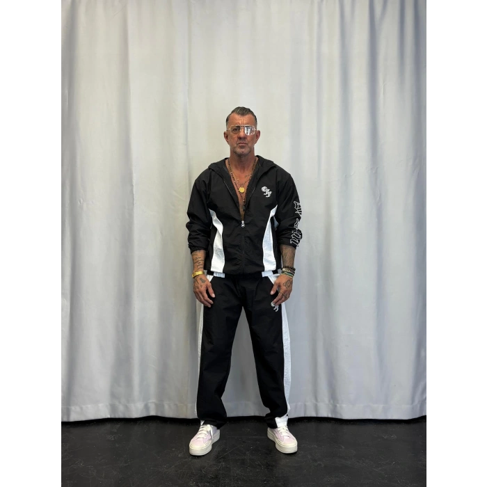 Vintage Crinkle Kapşonlu Takım Siyah