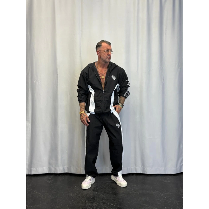 Vintage Crinkle Kapşonlu Takım Siyah