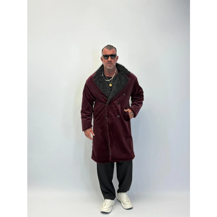 WELBOA Yakası Capo Kürklü Kaban Bordo