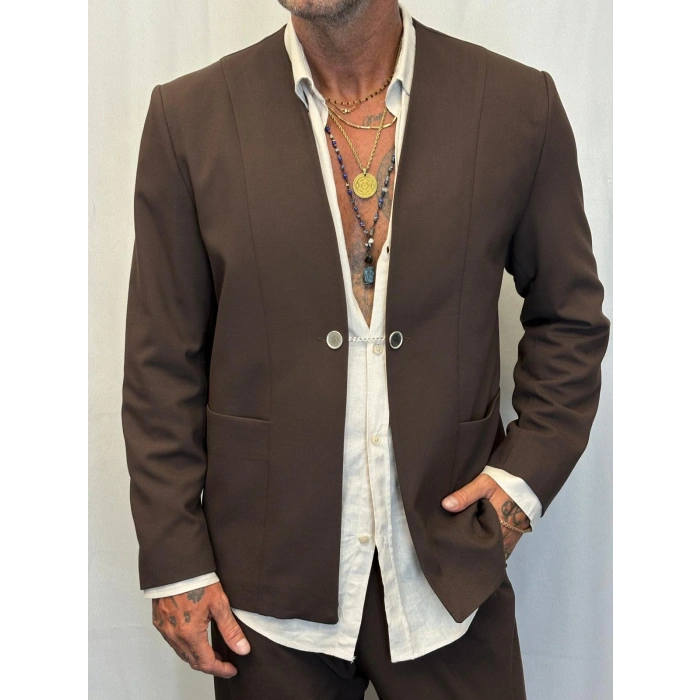 Yakasız Özel Üretim Takım Kahverengi