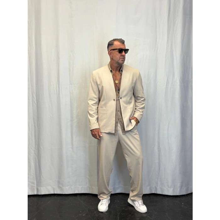 Yakasız Özel Üretim Takım Krem