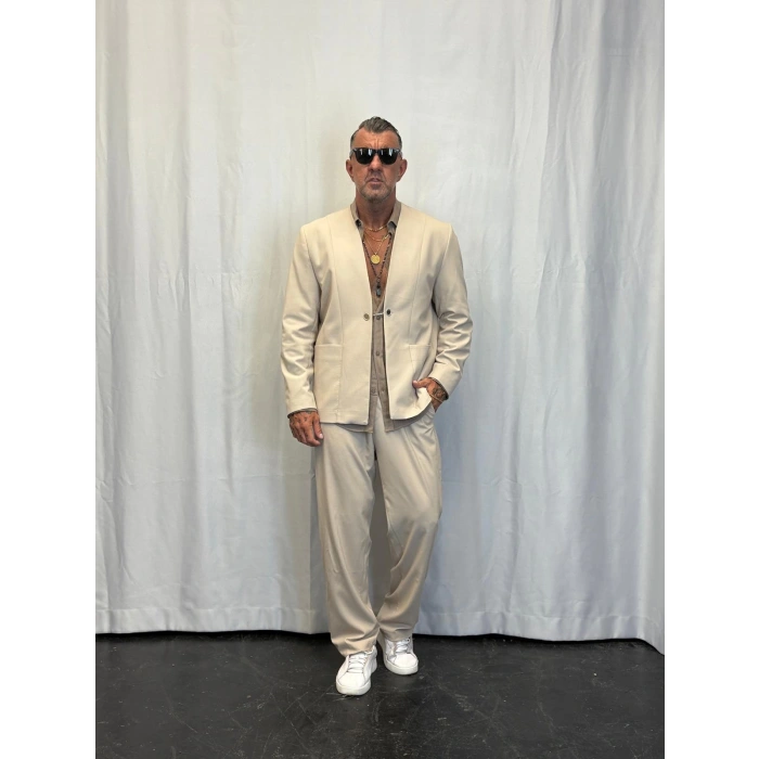 Yakasız Özel Üretim Takım Krem