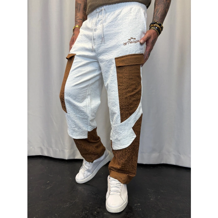 Yandan Cep Detaylı Jakarlı Pantolon Beyaz-Kahve