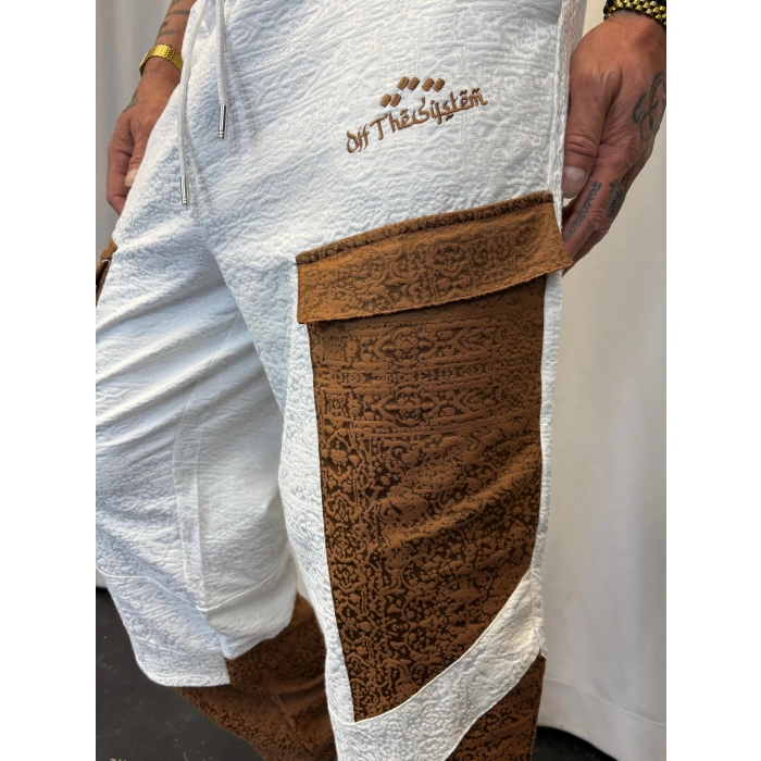 Yandan Cep Detaylı Jakarlı Pantolon Beyaz-Kahve