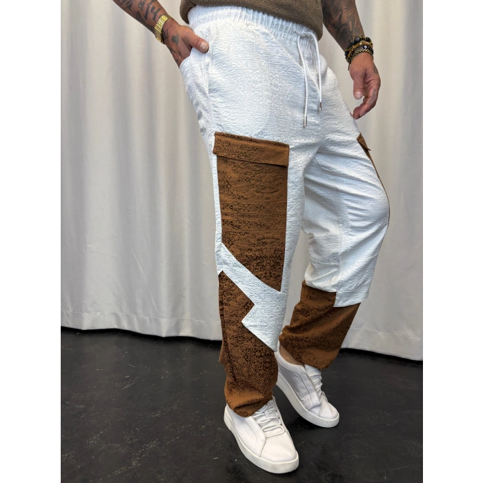 Yandan Cep Detaylı Jakarlı Pantolon Beyaz-Kahve