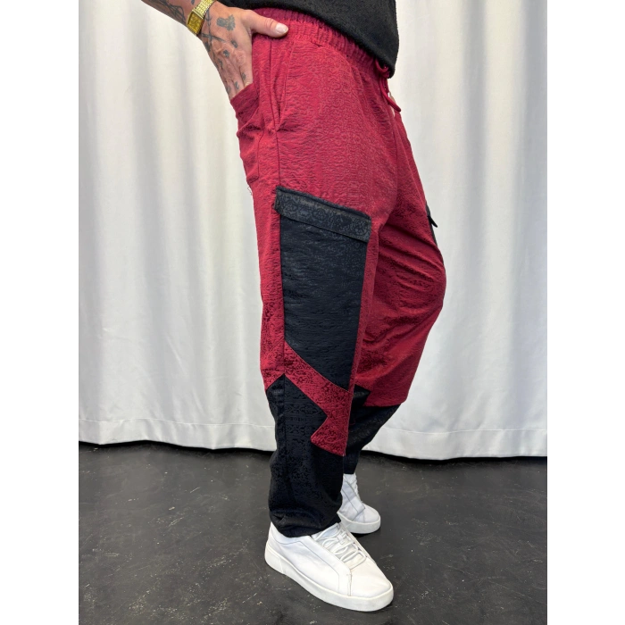 Yandan Cep Detaylı Jakarlı Pantolon Kırmızı-Siyah