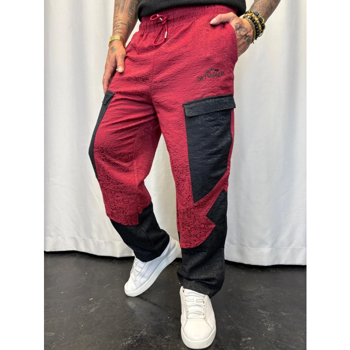 Yandan Cep Detaylı Jakarlı Pantolon Kırmızı-Siyah