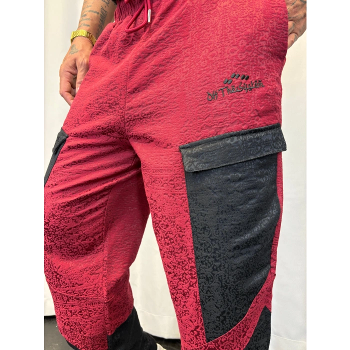 Yandan Cep Detaylı Jakarlı Pantolon Kırmızı-Siyah