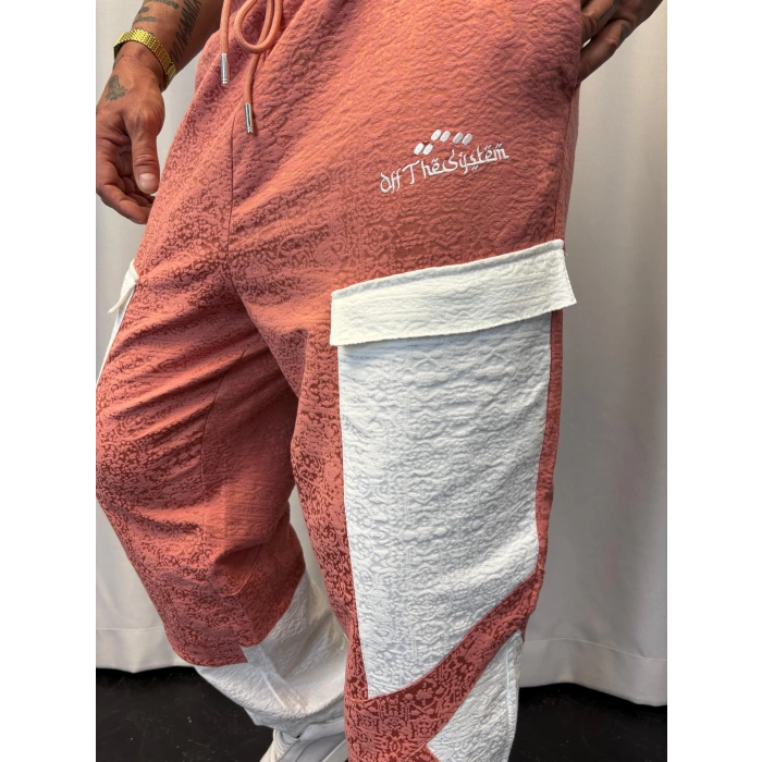 Yandan Cep Detaylı Jakarlı Pantolon Mercan-Beyaz