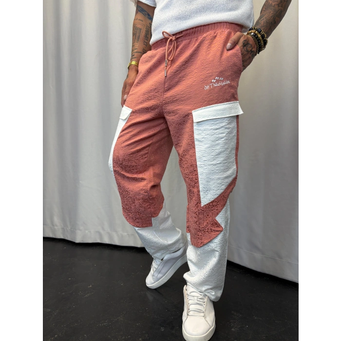 Yandan Cep Detaylı Jakarlı Pantolon Mercan-Beyaz