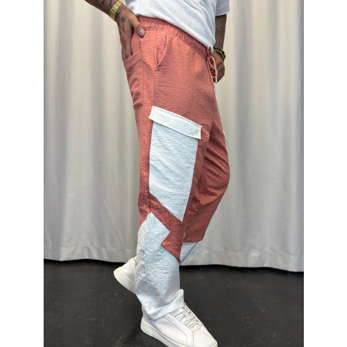 Yandan Cep Detaylı Jakarlı Pantolon Mercan-Beyaz