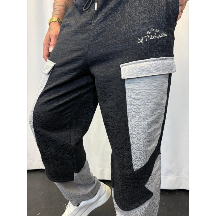 Yandan Cep Detaylı Jakarlı Pantolon Siyah Beyaz