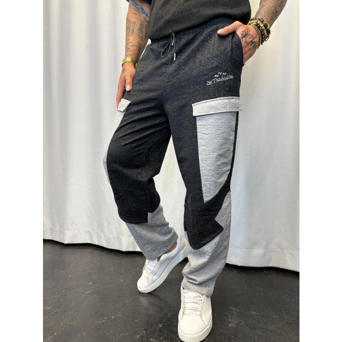 Yandan Cep Detaylı Jakarlı Pantolon Siyah Beyaz