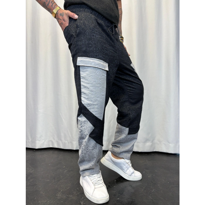 Yandan Cep Detaylı Jakarlı Pantolon Siyah Beyaz