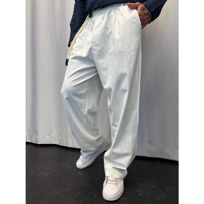 Yıkamalı Hasır Keten Kemer Detaylı Pantolon Beyaz